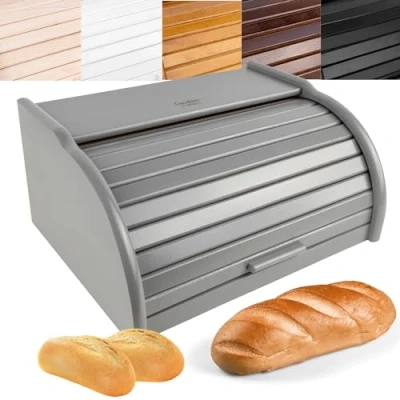 Imagen de Creative Home Grande Panera Madera Contenedor para Pan Gris 38 x 28,5 17,5 cm (+/ 1cm) de Haya Natural Recipiente con Tapa Enrollable Guardar Bollos Alimentos Secos