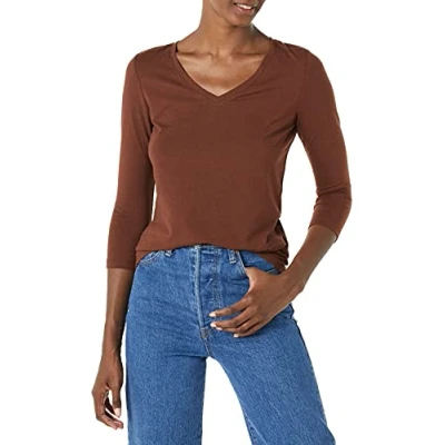 Imagen de Amazon Essentials Camiseta de Cuello en Pico, Manga 3/4 y Ajuste Clásico (Disponible Tallas Grandes) Mujer, Marrón Oscuro, S