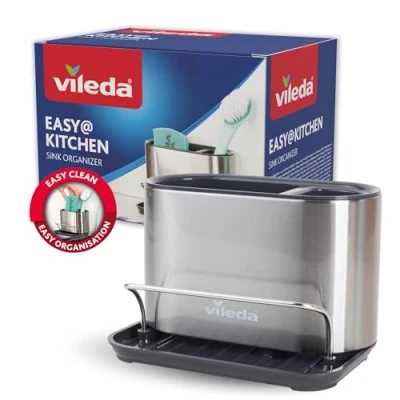 Imagen de vileda Organizador de fregadero acero inoxidable con soporte esponja, práctico para esponjas, cepillos y dispensador jabón, ahorra espacio no se oxida, ayuda a organizar el trabajo