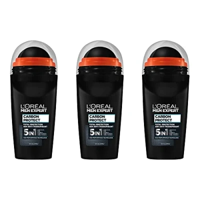 Imagen de Desodorante L&#039;Oréal Men Expert para hombres, 5 en 1, contra olores, humedad, bacterias y residuos blancos hasta 48 horas de frescura, Carbon Protect, 3 x 50 ml