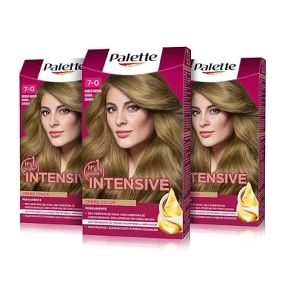 Imagen de PALETTE Intensive Creme color 7 0 Rubio Medio, tinte de pelo permanente con aceite macadamia y almendras, cubre el 100% las canas raíces, para un radiante