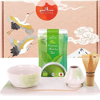 Imagen de Goodwei juego de matcha para ceremonia té japonesa, 6 piezas cuenco matcha, soporte escoba y bandeja con diseño a auténtico orgánico Japón (Shiro)