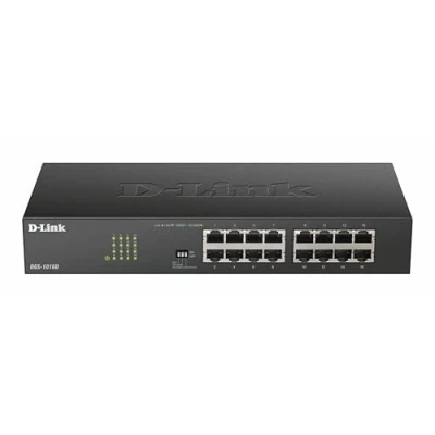 Imagen de D Link DGS 1016D/E Switch 16 puertos Gigabit 1000 Mbps, LAN RJ 45, sin gestión, Mbps por puerto, carcasa metálica, montaje en rack para pymes, negro y plata