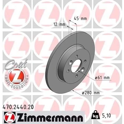 Imagen de ZIMMERMANN COAT Z 470.2440.20 Disco de freno 280 12 6/4 4 100 macizo revestido RENAULT: Kangoo I, I Express
