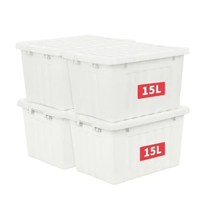 Imagen de Cetomo 15L*4 Cajas de Almacenamiento con Tapas, Contenedores Plástico Broches Enganche, Clip On, Apilables, Encajables, Organizador Rayado para Ropa Juguetes Armario, Blanco, 15L 4 Pack