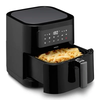 Imagen de MEDION E40 XL Freidora de aire caliente (Cesta freír XXL 5,2 litros, 2.150 vatios, 9 programas automáticos, función hornear, sin aceite, panel control táctil, pantalla LED) negro