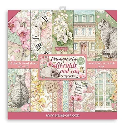 Imagen de Stamperia Pad Bloc de Scrapbooking 10 Hojas 30.5x30.5 (12&quot;x12&quot;) 2 Caras Orchids and Cats, Papel, Multicolor, 30.5cmX30.5cm