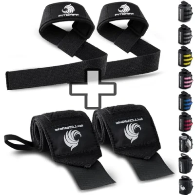 Imagen de Fitgriff® Straps y Muñequeras para Gym (1 Conjunto) Accesorios Gimnasio, Musculacion, Fitness Hombre Mujer (Black Original)