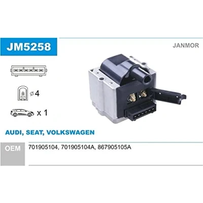 Imagen de JANMOR JM5258 Bobina de encendido VOLKSWAGEN: GOLF 2, TRANSPORTER 3 Bus, Passat B3/B4 Berlina, SEAT: Ibiza Córdoba I Vario