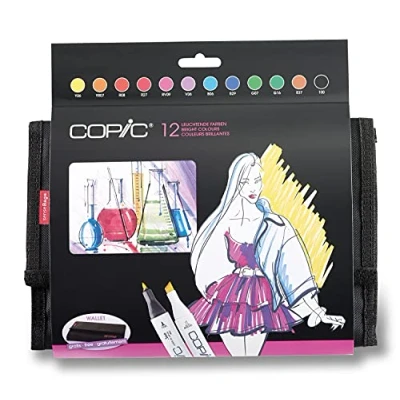 Imagen de COPIC Classic set «Bright Colours», de 12 en cartera, rotuladores dobles con punta media y fina