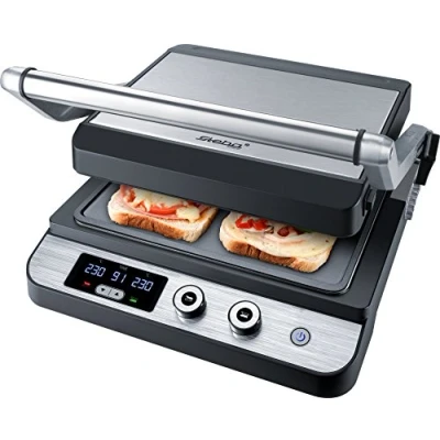 Imagen de grill bajo en grasa Steba con carcasa de acero inoxidable, gran superficie antiadherente: 2 x 27 24 cm, gratinado por contacto, gratinado, abierto doble superficie, FG 120