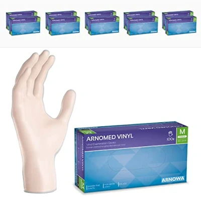 Imagen de ARNOMED guantes vinilo sin polvo talla M, 1000 unidades (10 cajas), desechables transparentes, de polvo, en tallas S, L y XL