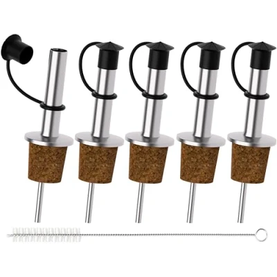 Imagen de Incutex 5X Vertedores de Botellas y 1x Cepillo Limpieza, Pico Corcho con Cierre Tapón Goma, Vertedor Dosificador Espíritus Vino Licor Vinagre