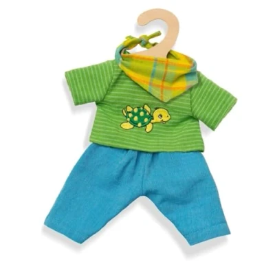 Imagen de Heless 1721 Set de ropa comercio justo para muñecas, Outfit Max, 3 piezas con pantalón, camisa y bufanda elegante, talla 28 35 cm