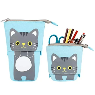 Imagen de Jubaopen Lona Lapices Estuches Escolares Estuche de Papelería Grandes Cremallera Niño Gato Bolsa Pie Telescopico Azul para Niñas, Niños (17.5*12.5cm)