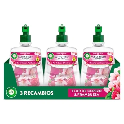 Imagen de Air Wick Active Fresh Spray Automatico Sin Aerosol Ambientador para casa con aroma a Flor de Cerezo &amp; Frambuesa Pack 3 Recambios (228mlx3)