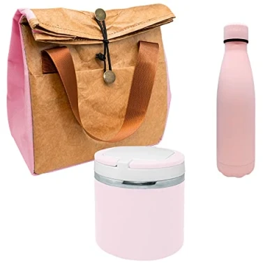 Imagen de NERTHUS FIH 1040 SET Botella Doble Pared Acero Inoxidable Rosa + Termo para Sólidos Bolsa Térmica