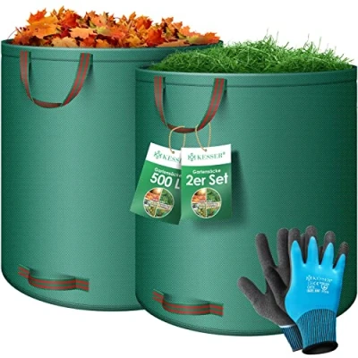 Imagen de KESSER® Set de Sacos para jardín, Saco residuos jardín incl. guantes, 4 asas, estable/robusto/plegable hojas, 500 l (2er Pack) / Verde