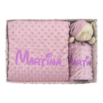 Imagen de Variouss Manta de Bebe Personalizado con su Nombre Bordado, Cochecito o capazo. + DouDou (Rosa Maquillaje)