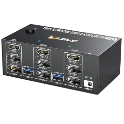 Imagen de DP + HDMI KVM Switch 2 PC 3 monitores, YOUTINGHDAV Triple Monitores Displayport 8K@60Hz 4K @144Hz, USB 3.0 para Partes Ratón, Teclado y
