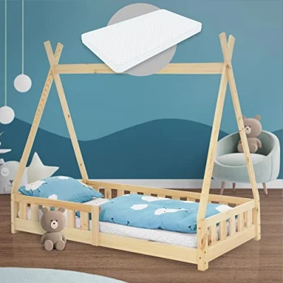 Imagen de ML Design Cama Infantil Tipi Natural con Colchón De Espuma Fría 80x160 cm Protección Anticaída Somier Estructura Listones Madera Maciza Pino para Niñas Y Niños Forma Tienda Cuna Juvenil