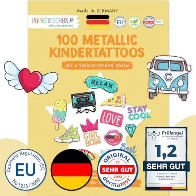 Imagen de 100 tatuajes metálicos para pegar infantiles respetuosos con la piel Summerjam diseños chulos como regalo de cumpleaños o idea veganos testados por el TÜV.