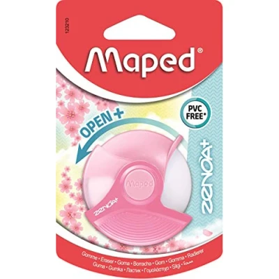 Imagen de Maped Borrador Zenoa Plus redondo blanco con funda protectora giratoria de 180 Sin ftalatos PVC Rosa pastel