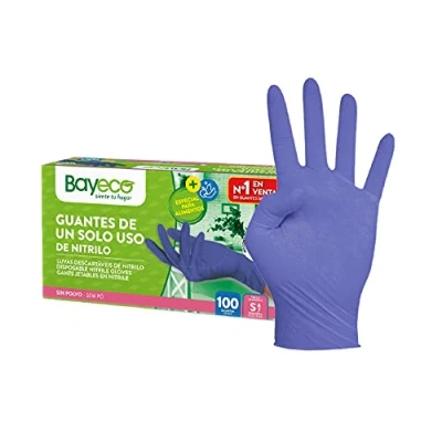 Imagen de Bayeco Guantes de un solo uso Nitrilo Color Azul Ambidiestros Terminación bordillo enrollado Dedos texturizados para mejor agarre Pack dispensador 100 unidades Talla S