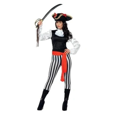 Imagen de Smiffys Disfraz de pirata para mujer, negro, con camiseta, pantalones, cubrebotas cosidos, collar y cinturon