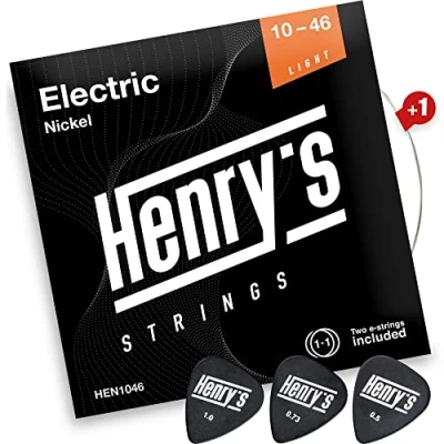 Imagen de Henrys Strings® Cuerdas Guitarra Electrica de Eléctrica 10 46 Bonus E1 Cuerda &amp; 3 Púas Electric Guitar Strings