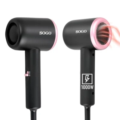 Imagen de Sogo Secador de Pelo Mini 1000W con 2 Modos Velocidad Compacto y Potente, Perfecto para Viajes Uso Diario (SS 3710)