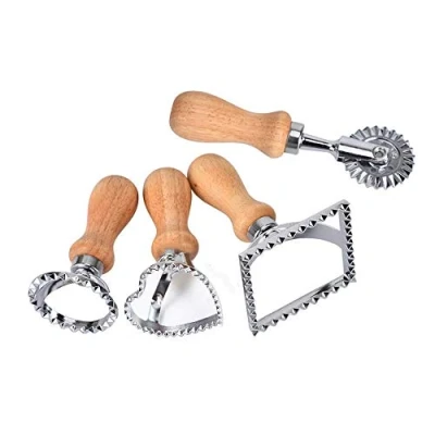 Imagen de Bkrdty cortadores de Raviolis 4 Piezas Juego Rueda Corazón Cuadrado Redondo Cortapastas con Mango Madera para Hacer Pasta Empanadillas o Galletas