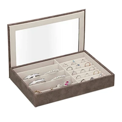 Imagen de Relaxdays Joyero Efecto Piel, Funda de Terciopelo, Caja Joyas con Ventanilla, 5 x 30 21 cm, Soporte Anillos, Marrón, Tablero Fibras