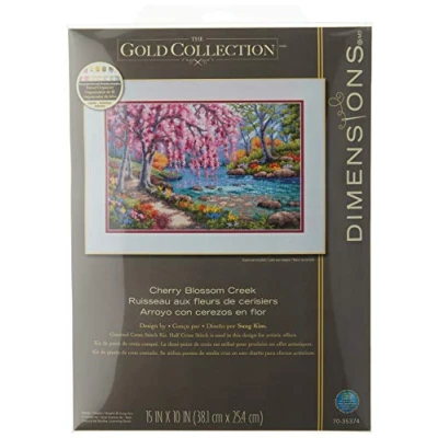 Imagen de Dimensions Cherry Blossom Creek Gold Collection Kit de Punto Cruz Tela Aida 16 Hilos, 10 x 15 Pulgadas, Azul Claro contado, Colores Variados, 38.1cm 25.4cm