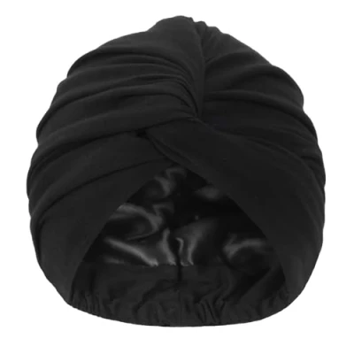 Imagen de Hat Hut turbante de satén para mujer, gorro dormir cabello rizado, ajustable, trenzado, Negro, Talla única