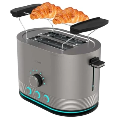 Imagen de Cecotec Tostadora Vertical de Acero con Doble Ranura Corta Shine&amp;Toast Double. 850W, Capacidad para 2 Tostadas, Ranuras Anchas 3,8cm, Anillo Luminoso, 7 Niveles Tostado, Varillas Superiores