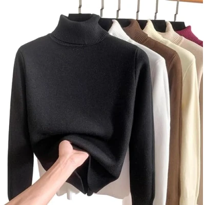 Imagen de JOCCOS Camisa de punto grueso forro polar para invierno, suéter cuello alto casual mujer, fondo delgado térmico suave, Negro, S (40/48 kg)