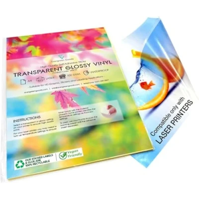 Imagen de Paquete de 20 hojas vinilo brillantes, transparentes, impermeables y autoadhesivas. Para impresoras láser, tamaño A4