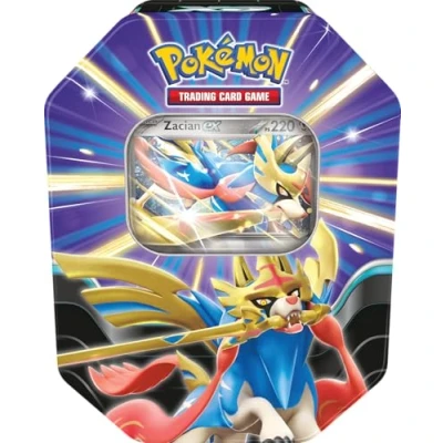 Imagen de Pokémon Lata Leyendas Afiladas de Zacian ex JCC (1 Carta holográfica y 4 Sobres Mejora)