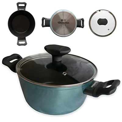 Imagen de Quttin Cacerola Antiadherente de inducción Venus con Tapa Vidrio y Asas. Para todo tipo cocinas. Aluminio Forjado Doble Capa. Resistente Duradera Calidad. Color Azul. 20 cm