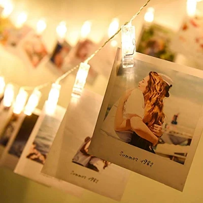 Imagen de 10 LEDs 1.5mter / 4.9 pies Clips fotos Luces cuerdas, hadas, colgantes Tarjetas de Energía por baterías, Blanco frío para evento bodas en un dormitorio fiesta, 2 * pilas AA
