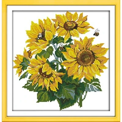 Imagen de Kit de punto cruz estampado, OWN4B girasoles estampado 11CT 16x16.5 pulgadas bordado DIY (girasol)