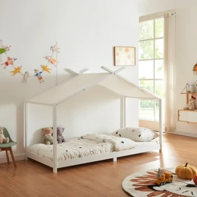 Imagen de [en.casa] Cama para Niños Brome con Techo de Textil Desmontable Infantil Individual Somier Estructura en Forma Casa Estilo Montessori 90 x 200 cm Madera Pino Blanco