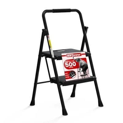 Imagen de HBTower Escalera de 2 peldaños, Taburete Plegable con Amplio Pedal Antideslizante, Acero Resistente, Cómoda Empuñadura, Ligero, Portátil Acero, Negro