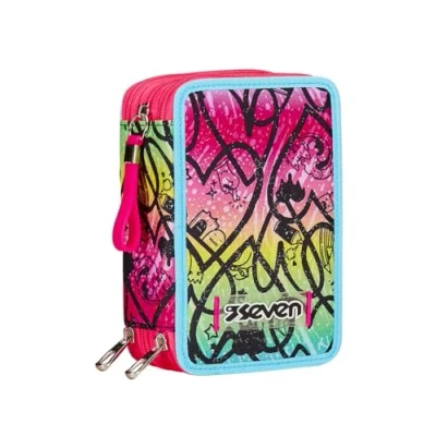 Imagen de Estuche con 3 compartimentos Seven, Rosa, triple compartimento, completo lápices, rotuladores, colores, accesorios mochila, elementales, medios, superiores, niña y niña, Talla única, Escolar