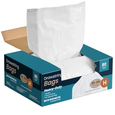 Imagen de SONGMICS Bolsas de Basura, 30 L Basura con Cordones, 160 Piezas, Código H, Resistentes, Caja Dispensación Rápida, Blanco Crema KRB031A04