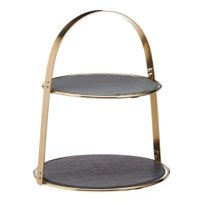 Imagen de Artesà Soporte para Tartas, 2 Pisos, con Fuentes Redondas de Pizarra y Acabado Latón, 29,5 x 35 cm