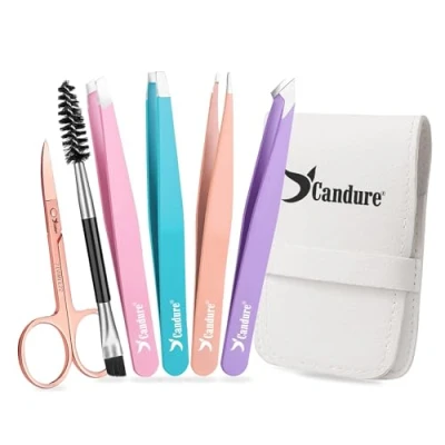 Imagen de Candure Pinzas Depilar Profesionales Pinza de Pelo Acero Inoxidable Punta para Pelos Faciales, Cejas Tijeras y Cepillo Juego 6 Puntiagudo Inclinado Plano Inclinada Puntiaguda