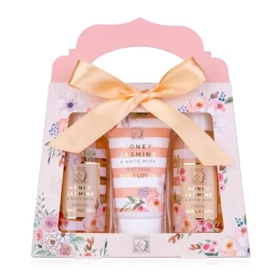 Imagen de Accentra Set de ducha HONEY JASMINE en una bonita caja 3 piezas gel ducha, loción corporal y baño burbujas Regalo bienestar para el Día San Valentín la Madre