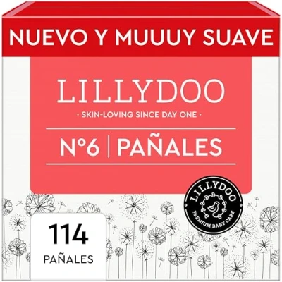 Imagen de Pañales LILLYDOO delicados con la piel talla 6 (13+ kg), caja mensual (114 unidades), protección contra fugas, suaves, sin perfumes ni lociones y dermatológicamente probados